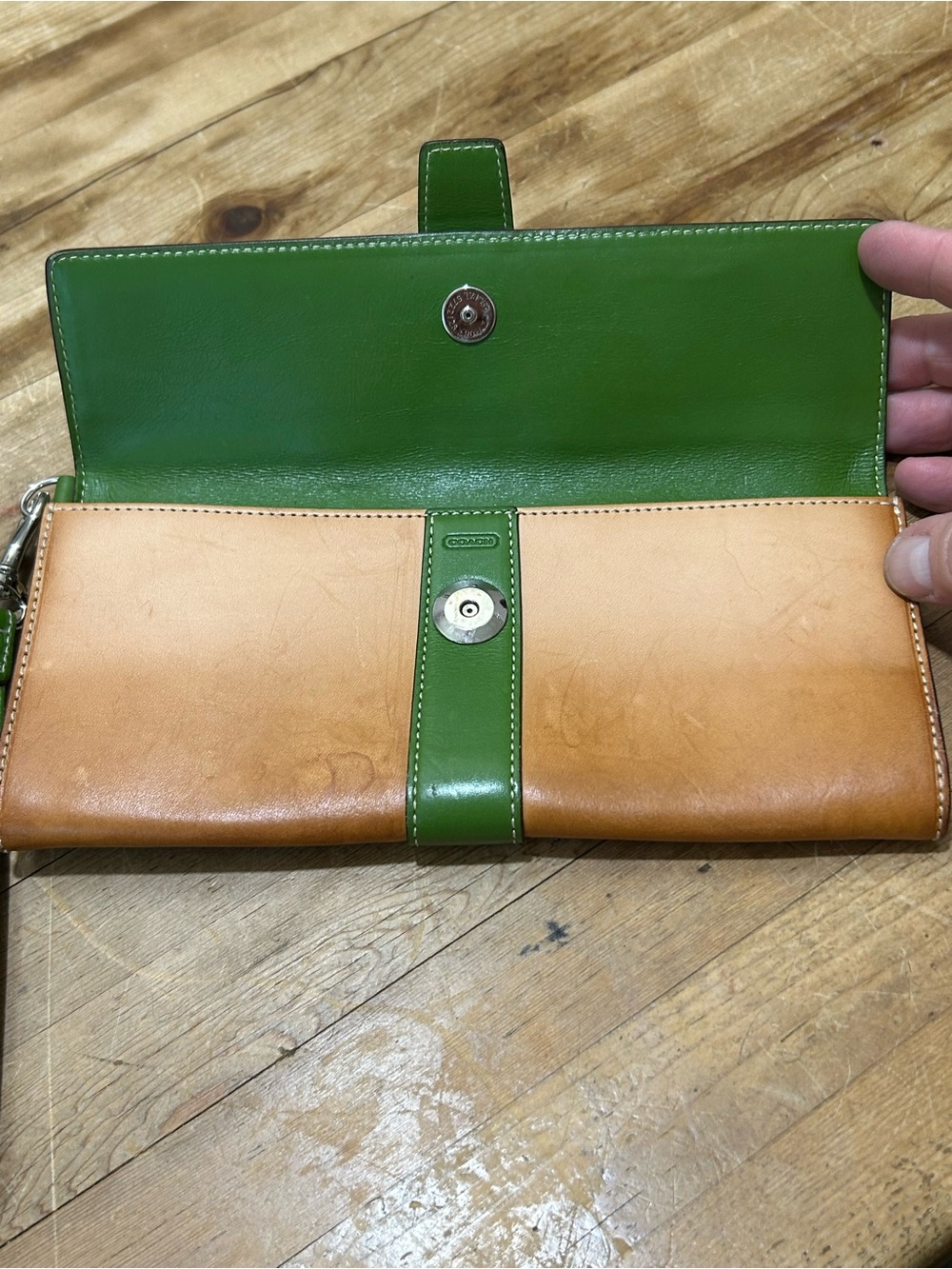 Coach Green & Natural Leather Wristlet - Picture 3 of 9